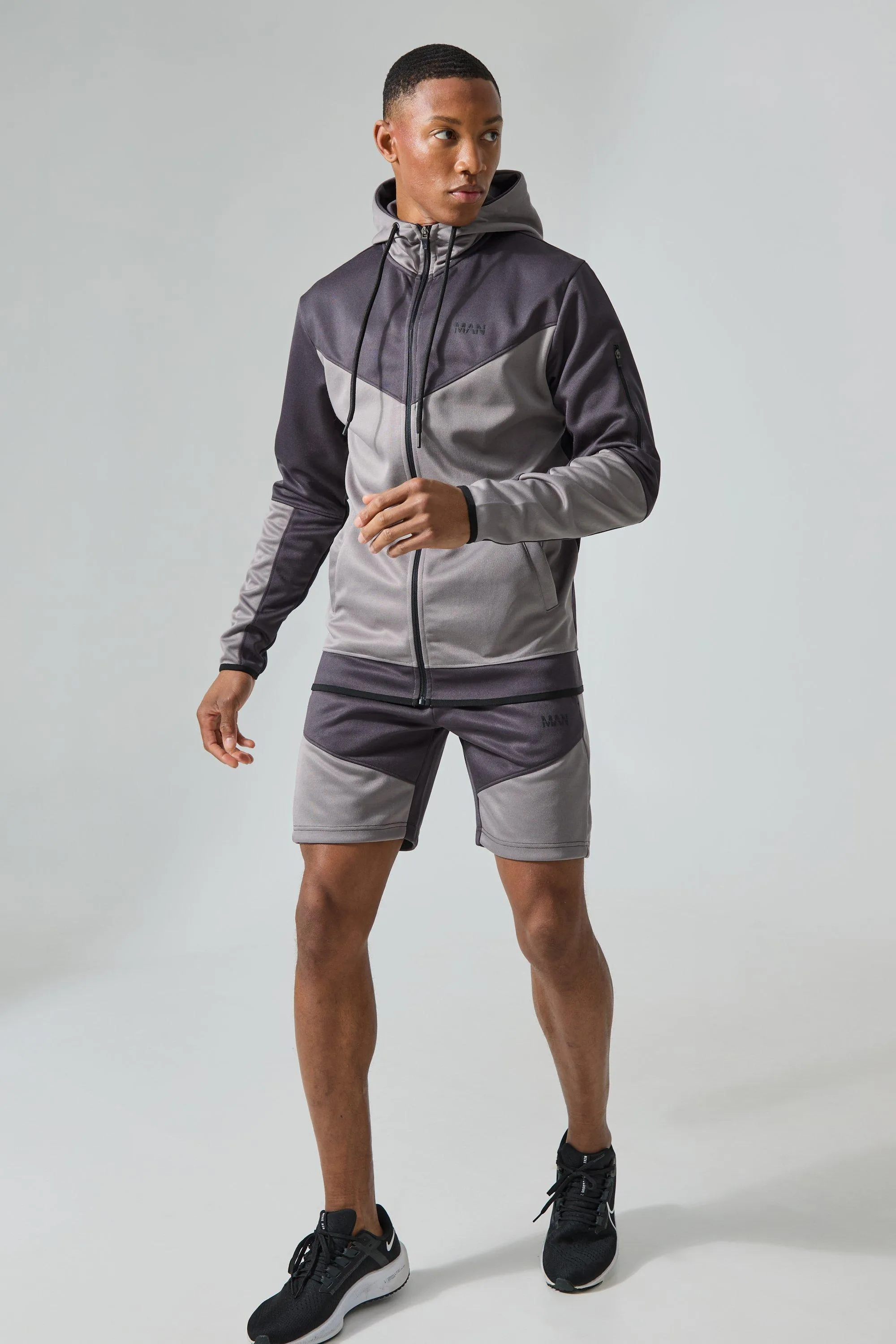 Active Colour Block Funnel Hooded Short Tracksuit | boohooMAN UK