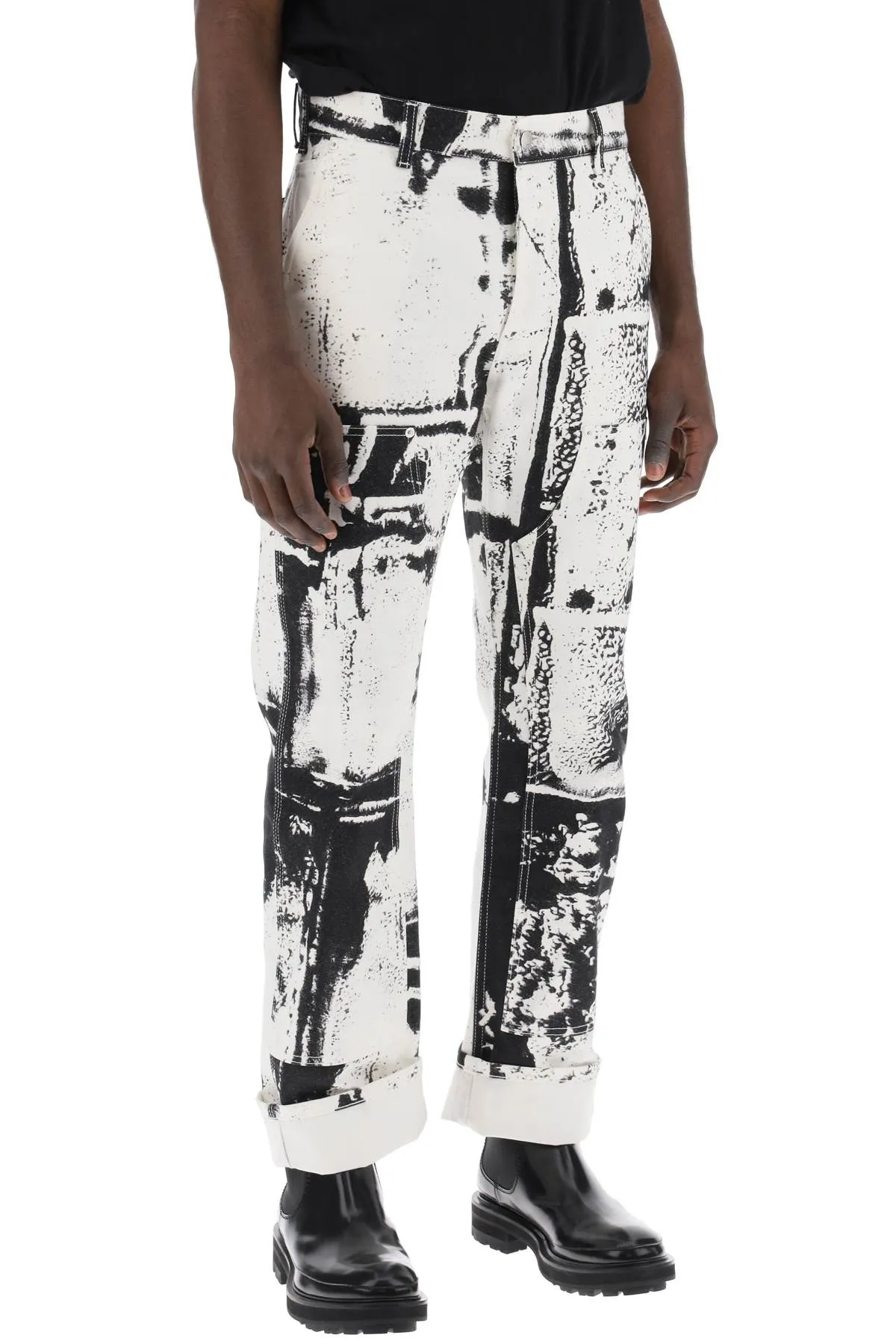 Alexander mcqueen fold print workwear jeans 781778 QYAAZ WHITE BLACK