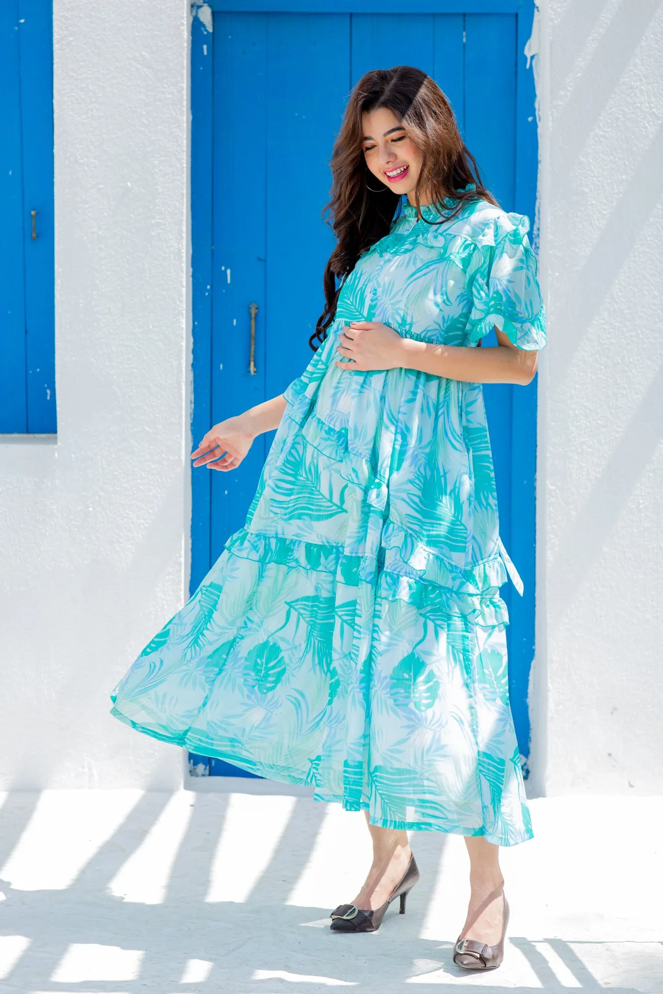 Aqua Green Leafy Maternity & Nursing Frill Dress