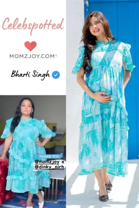 Aqua Green Leafy Maternity & Nursing Frill Dress