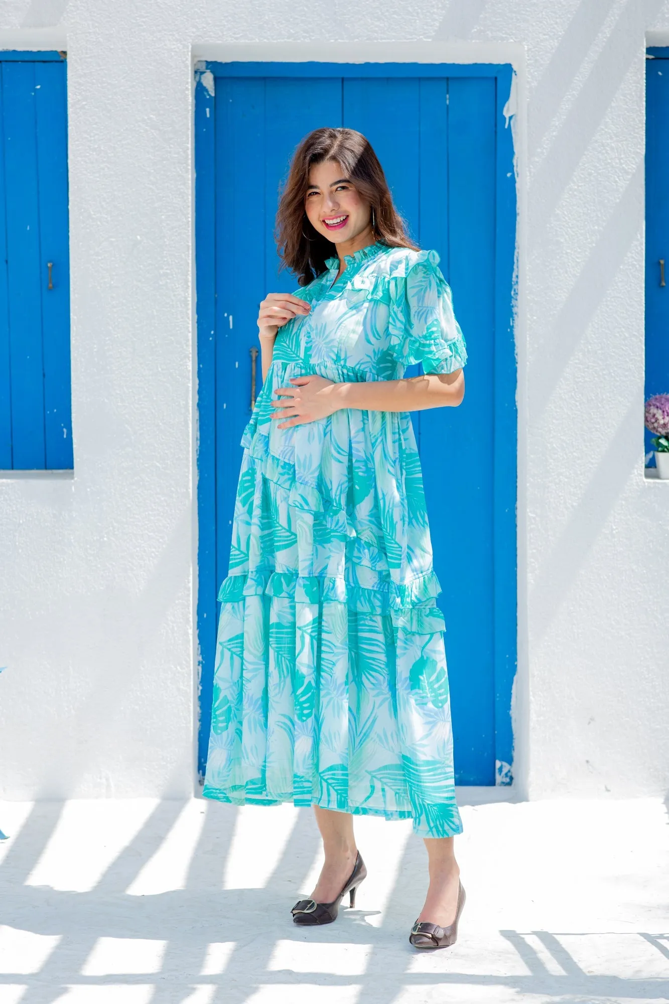 Aqua Green Leafy Maternity & Nursing Frill Dress