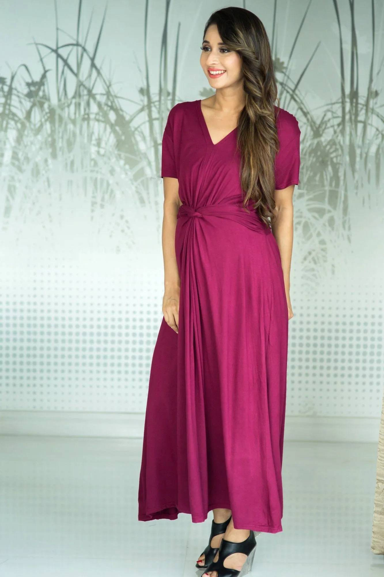 Berry Front Knot Lycra Maternity Dress