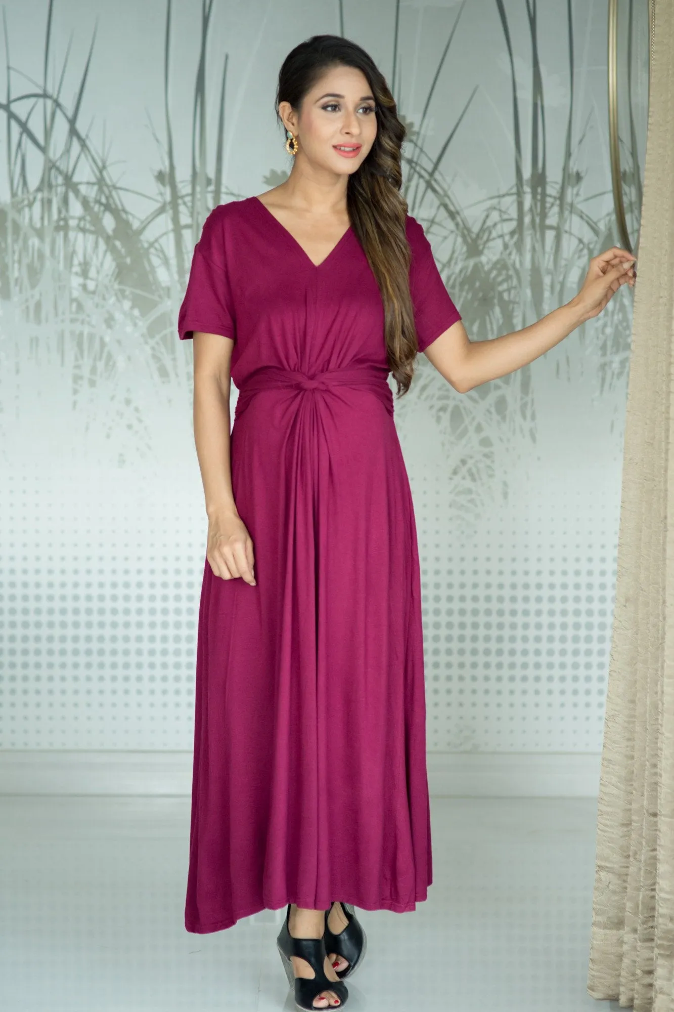 Berry Front Knot Lycra Maternity Dress