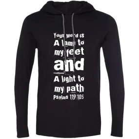 Bible Verse Men Long Sleeve T-Shirt Hoodie - Your Word Is Light To My Path ~Psalm 119:105~ Design 6 (White Font)