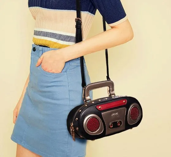 Black Red Vintage Radio Punk Rock Handbag Cross Body Strap Bag