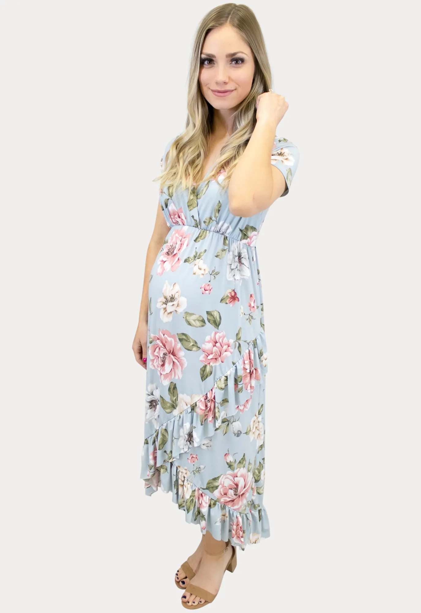 Blue Floral Sweetheart Ruffle Wrap Maternity Dress