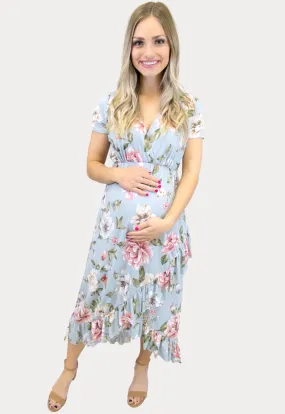 Blue Floral Sweetheart Ruffle Wrap Maternity Dress