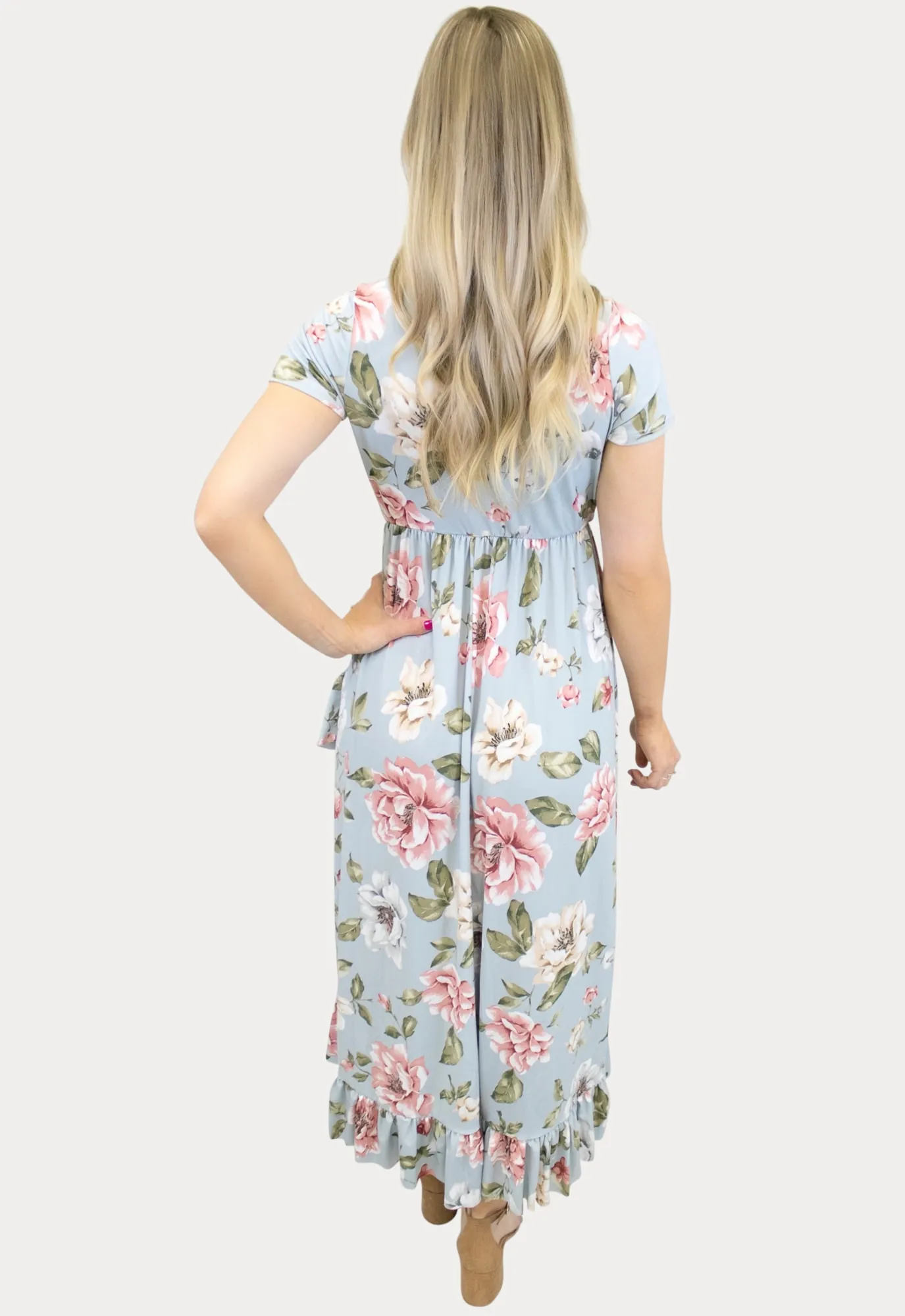 Blue Floral Sweetheart Ruffle Wrap Maternity Dress