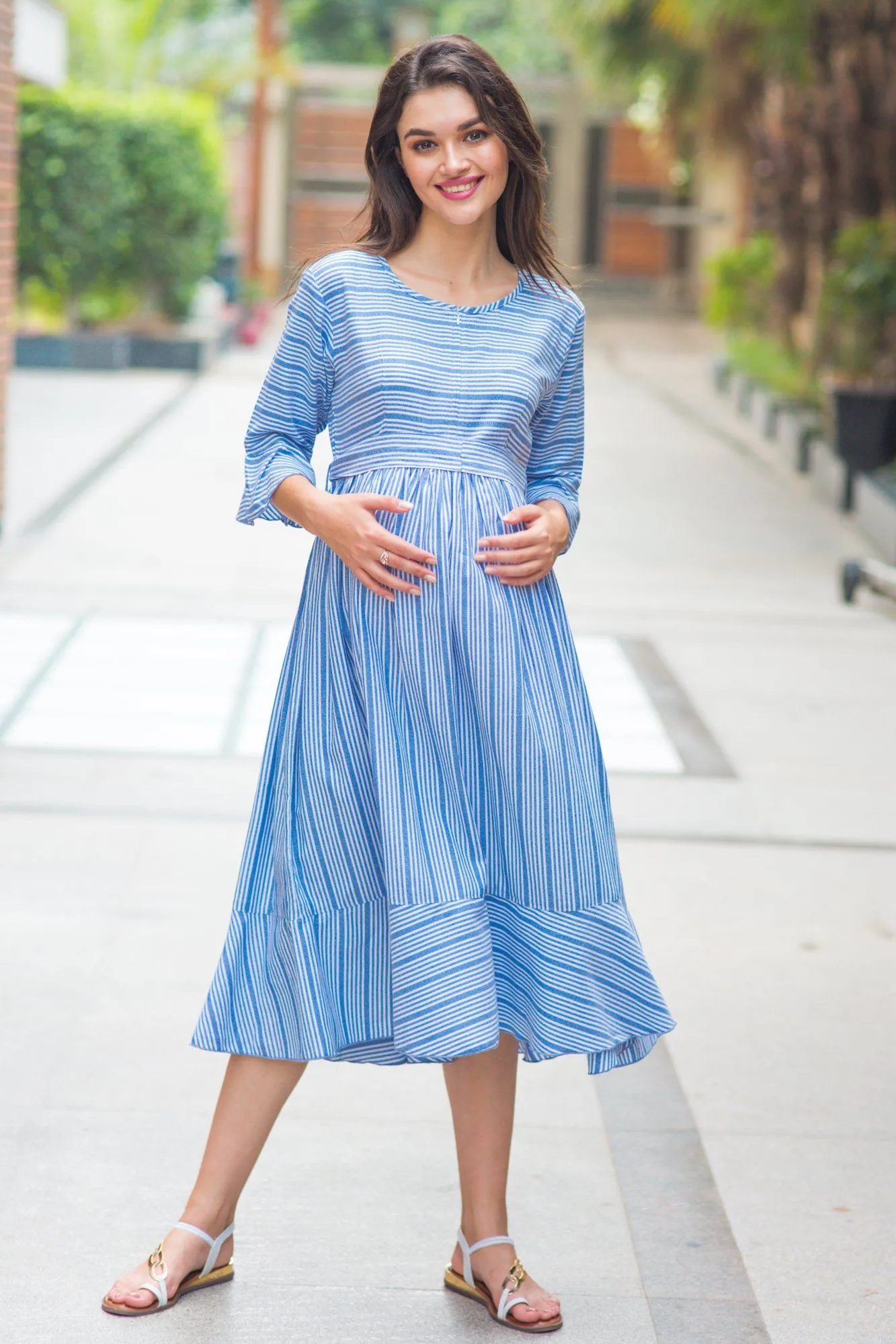 Blue Striped Ruffle Maternity & Nursing Dress