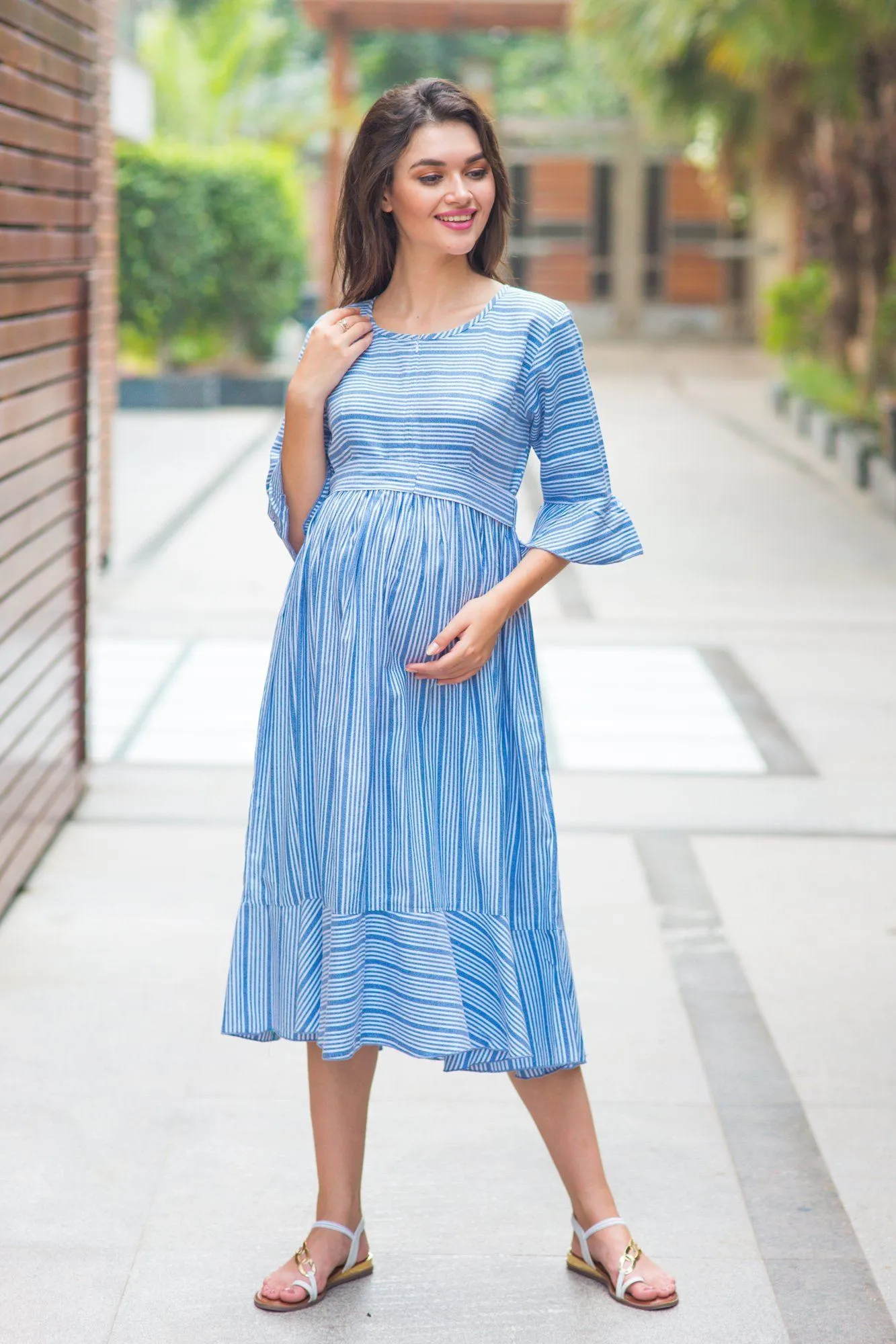 Blue Striped Ruffle Maternity & Nursing Dress