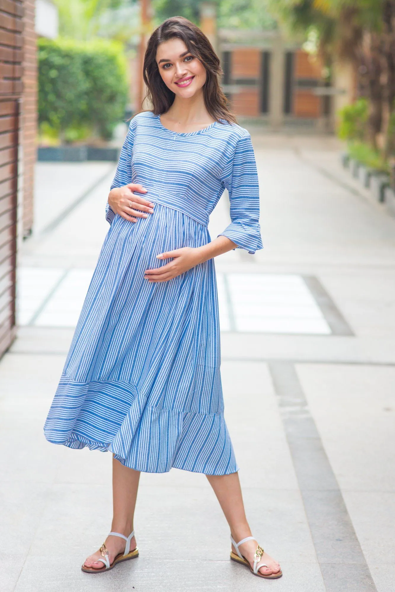 Blue Striped Ruffle Maternity & Nursing Dress