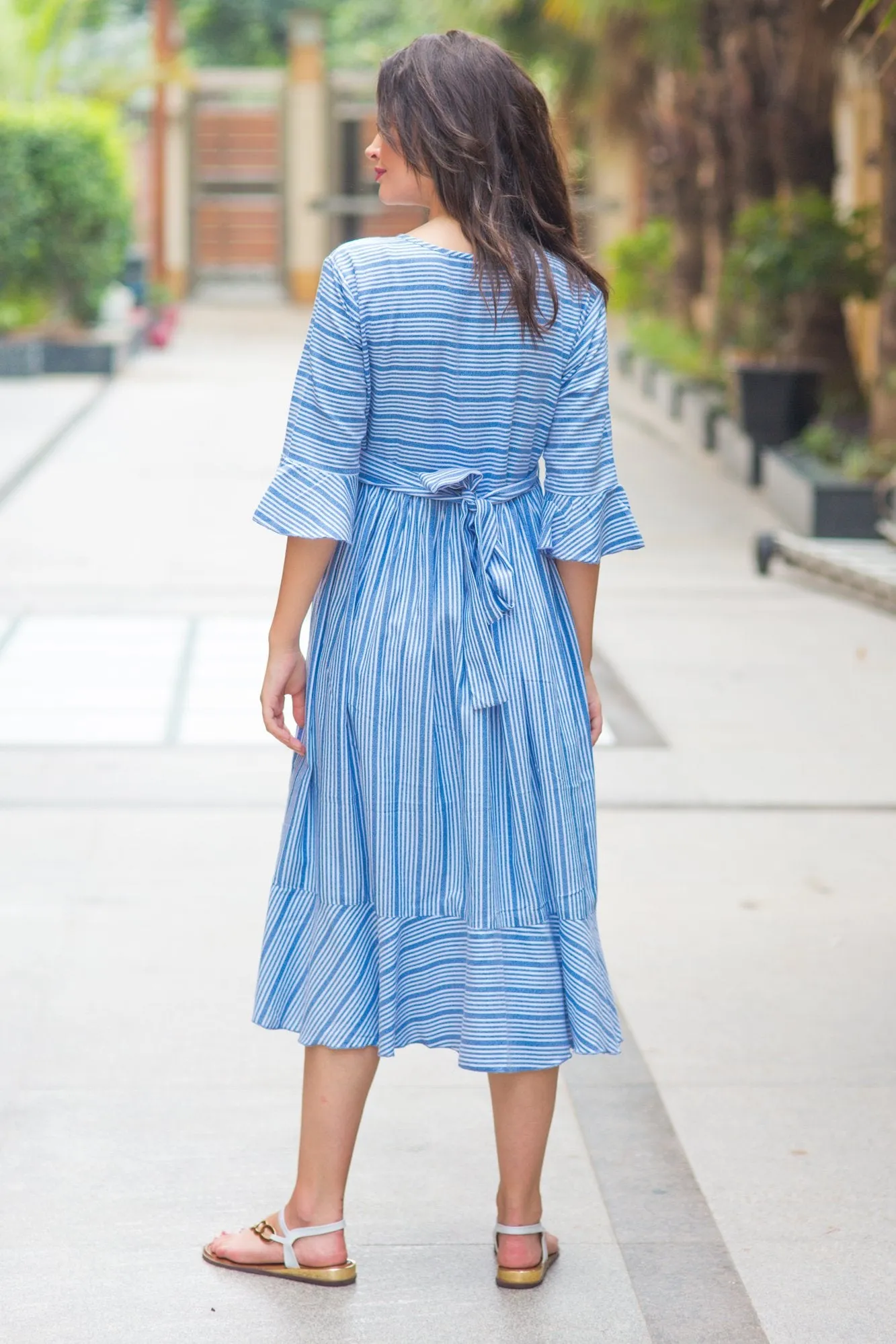 Blue Striped Ruffle Maternity & Nursing Dress