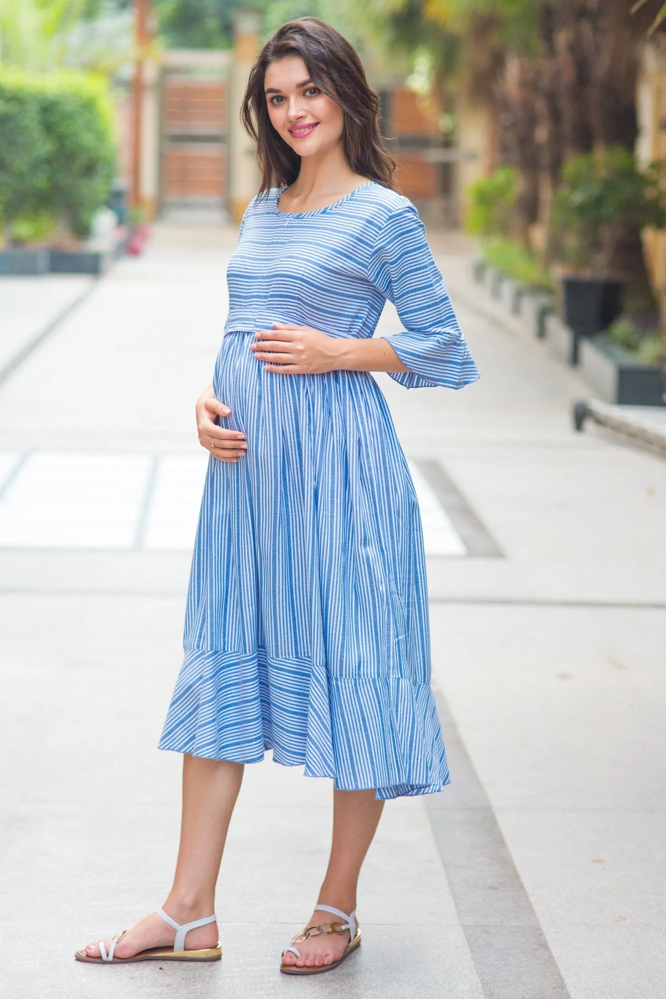 Blue Striped Ruffle Maternity & Nursing Dress