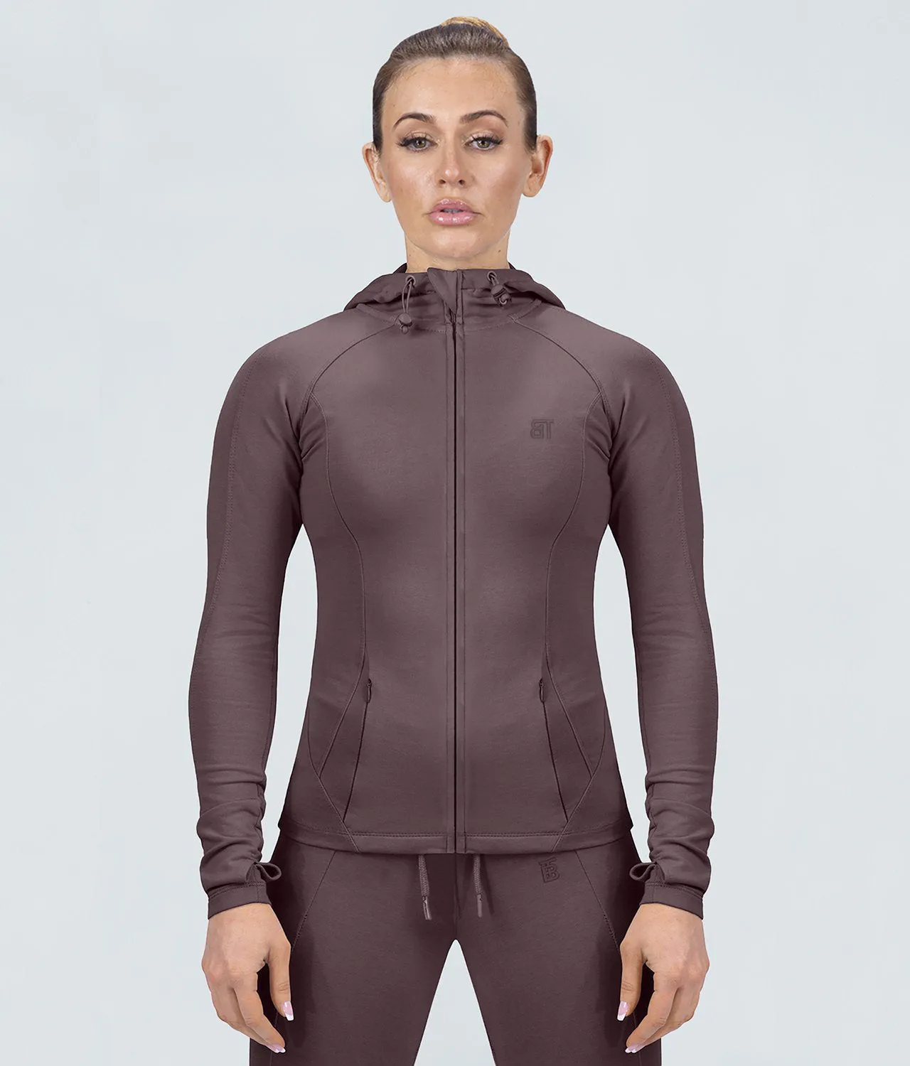 Born Tough Contoured Ash Brown Sleeve Loops Athletic Tracksuit Hoodie for Women