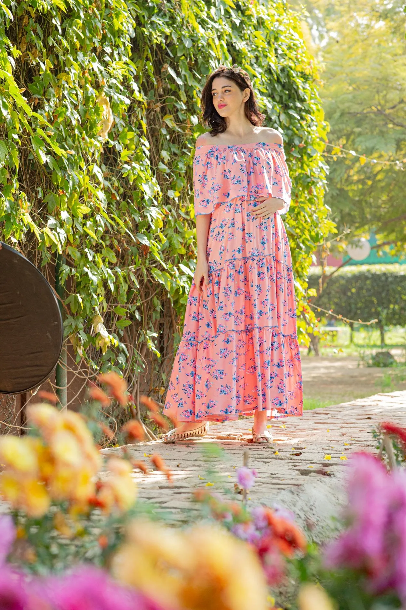 Botanical Pink Off-Shoulder Maternity Maxi Dress