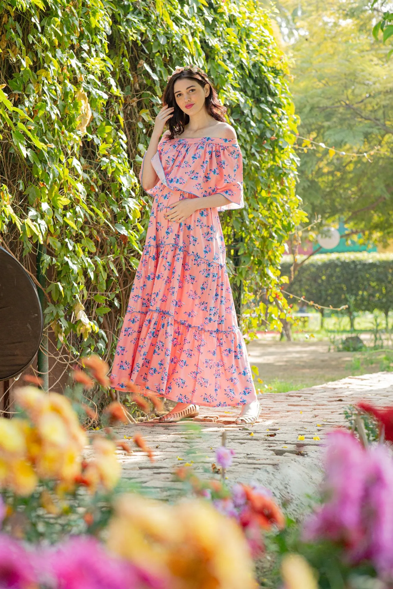 Botanical Pink Off-Shoulder Maternity Maxi Dress