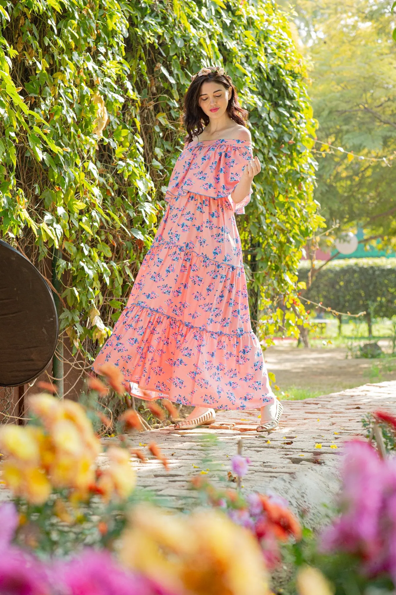 Botanical Pink Off-Shoulder Maternity Maxi Dress