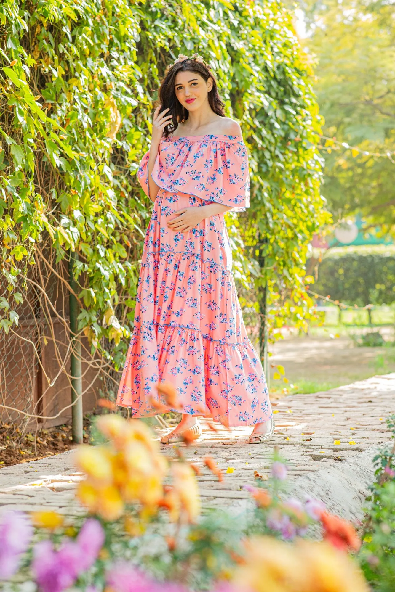 Botanical Pink Off-Shoulder Maternity Maxi Dress