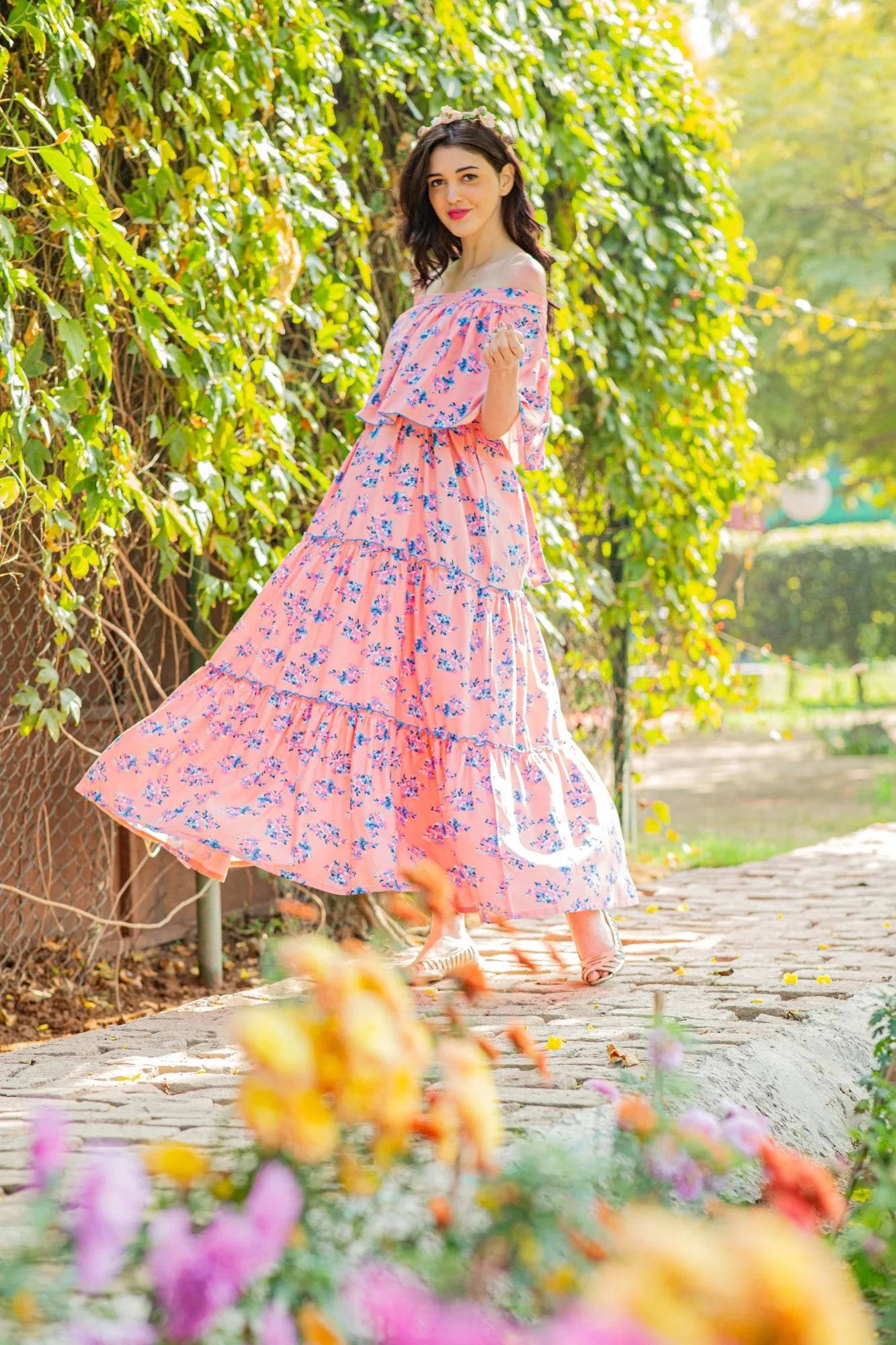 Botanical Pink Off-Shoulder Maternity Maxi Dress