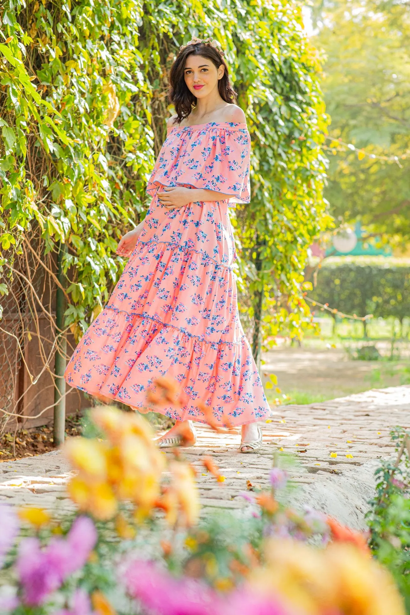 Botanical Pink Off-Shoulder Maternity Maxi Dress