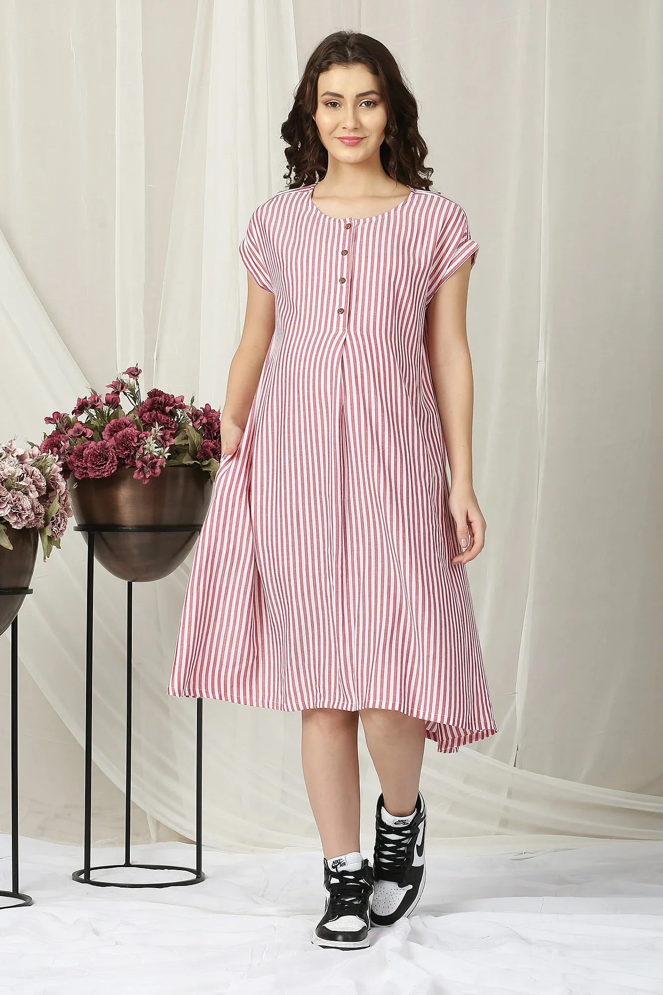 Breezy Red Striped Maternity & Nursing Dress