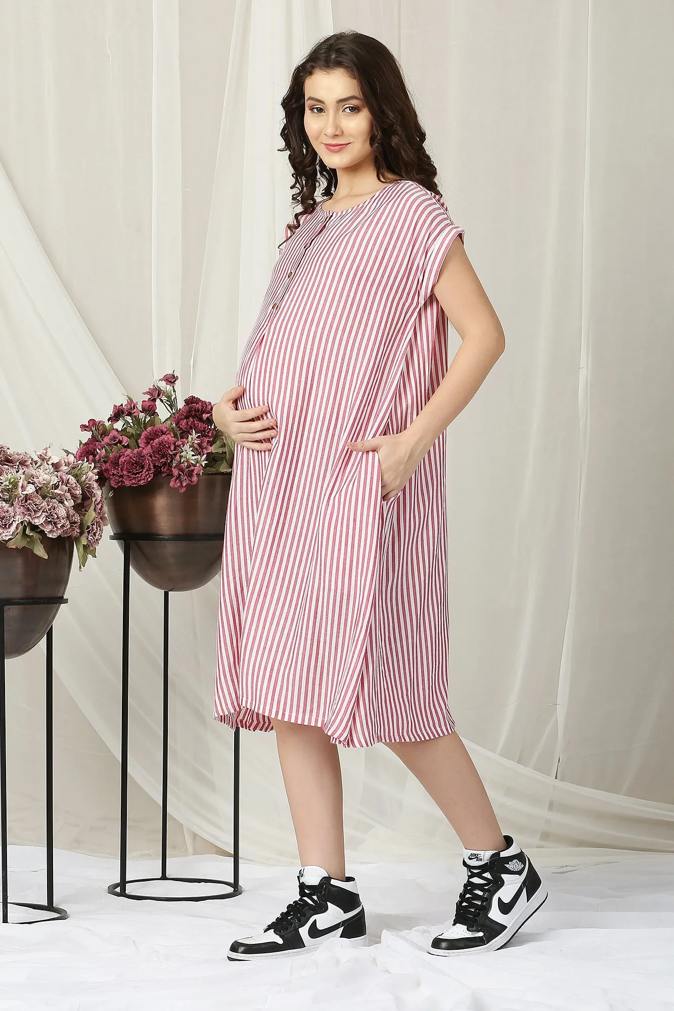 Breezy Red Striped Maternity & Nursing Dress