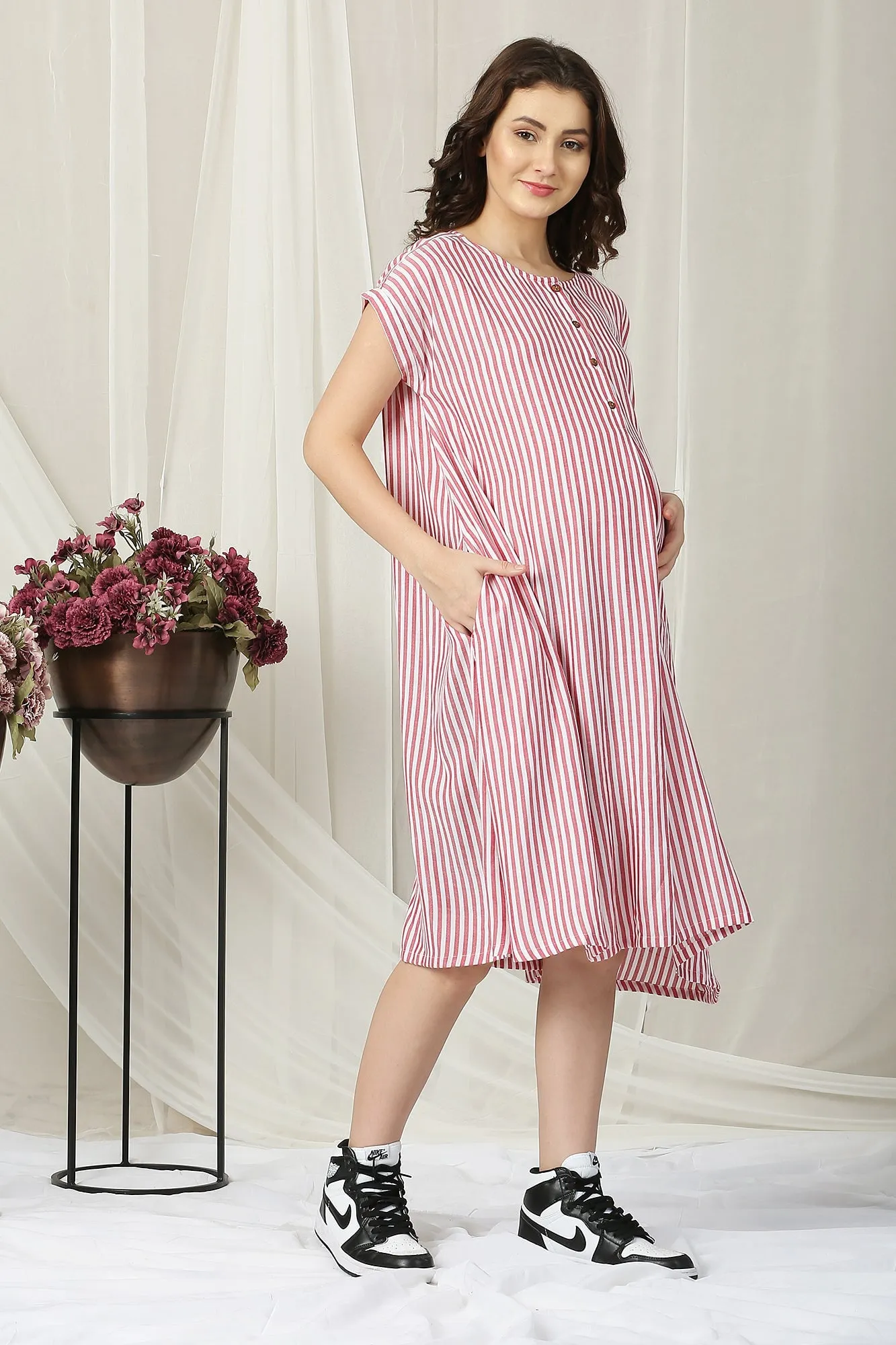 Breezy Red Striped Maternity & Nursing Dress