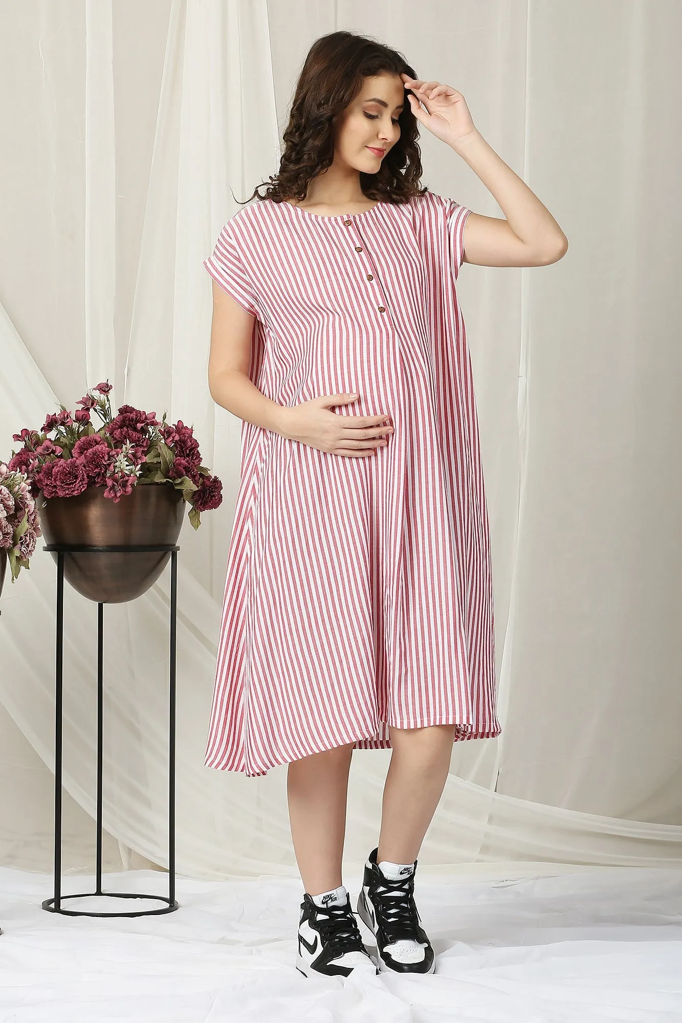 Breezy Red Striped Maternity & Nursing Dress