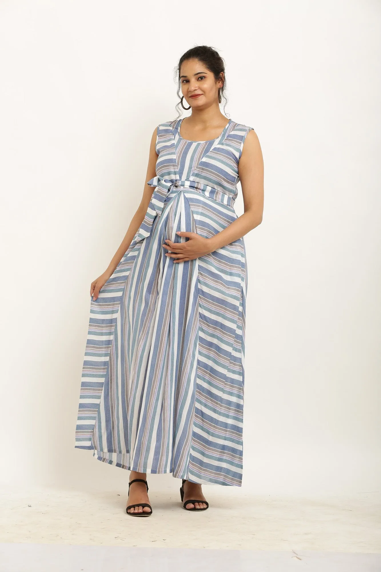 Cheerful Dusty Blue Striped Maternity & Nursing Dress