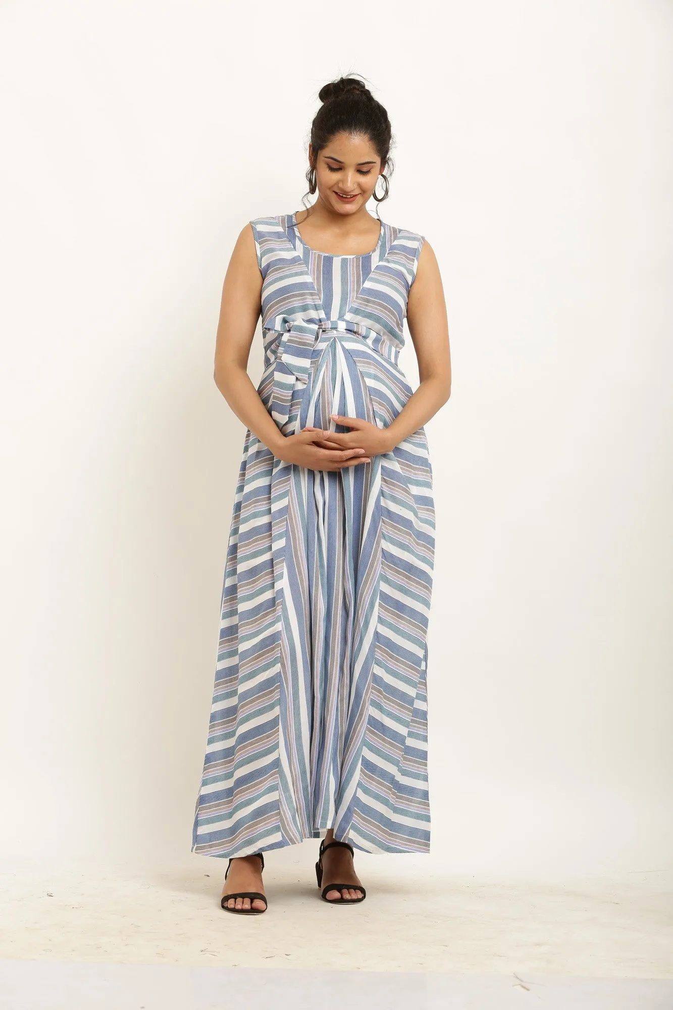 Cheerful Dusty Blue Striped Maternity & Nursing Dress