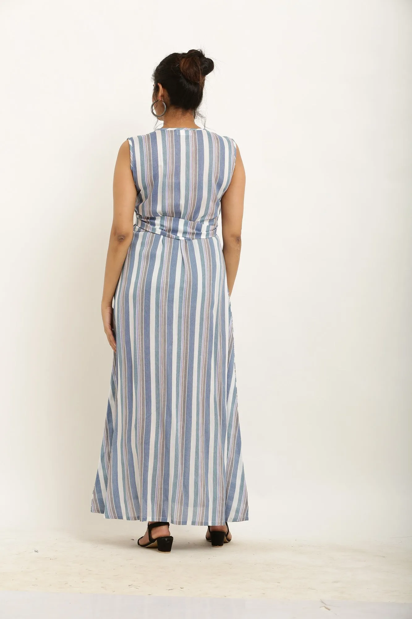 Cheerful Dusty Blue Striped Maternity & Nursing Dress