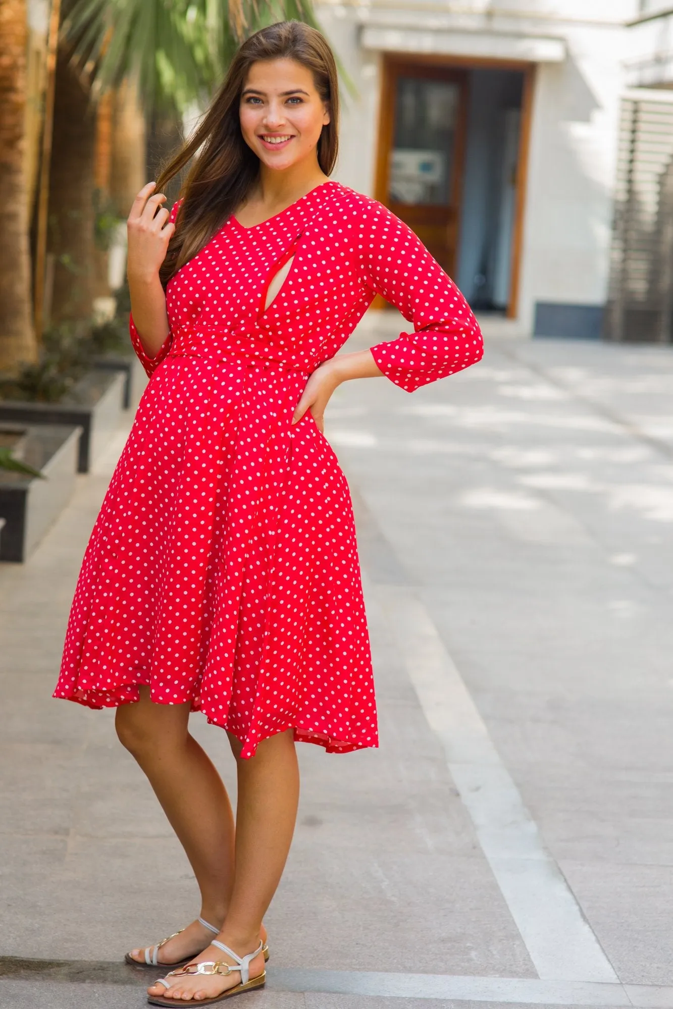 Chirpy Red Polka Maternity & Nursing Dress