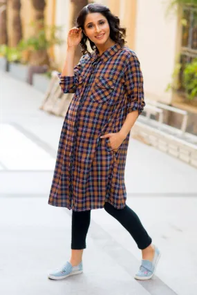 Coffee Brown Plaid Maternity & Nursing Shirt Dress