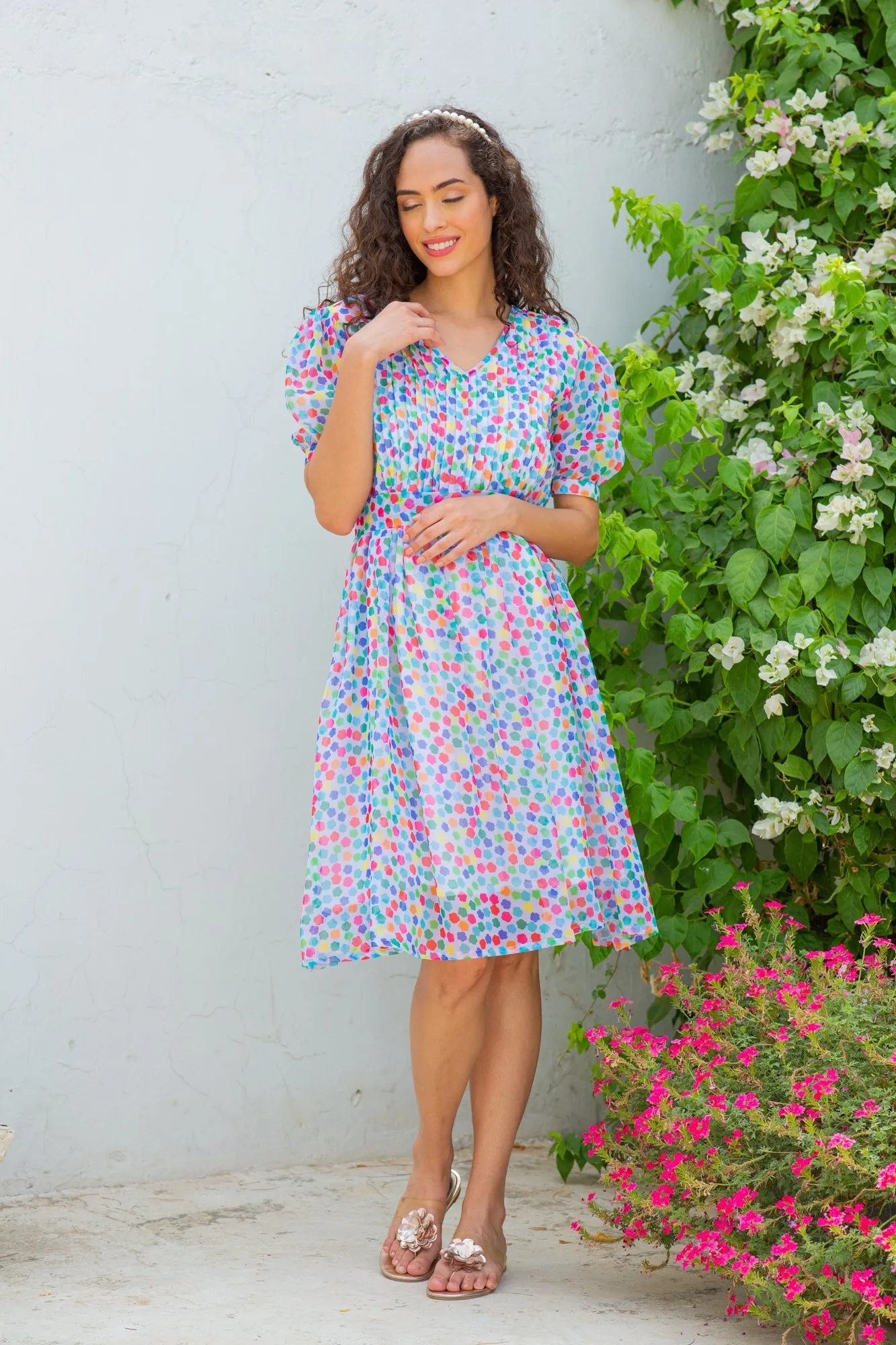 Colorful Candy Maternity & Nursing Pintucks Knee Dress