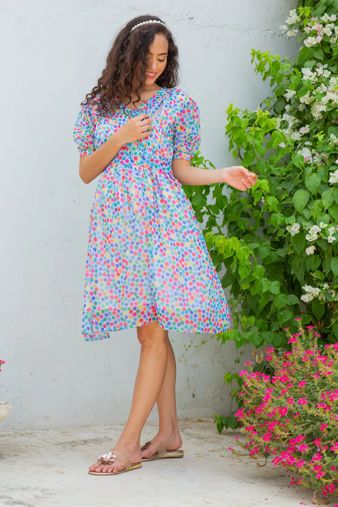 Colorful Candy Maternity & Nursing Pintucks Knee Dress