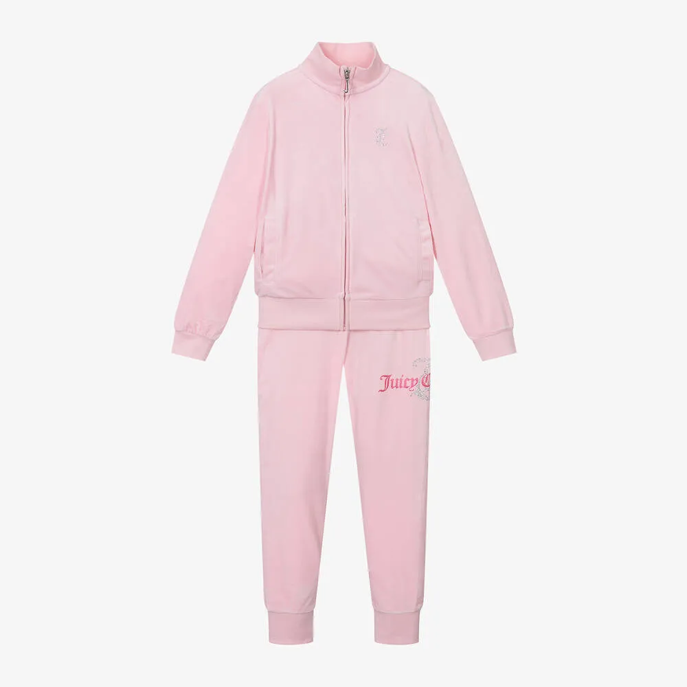 Girls Pink Velour Slim-Fit Tracksuit