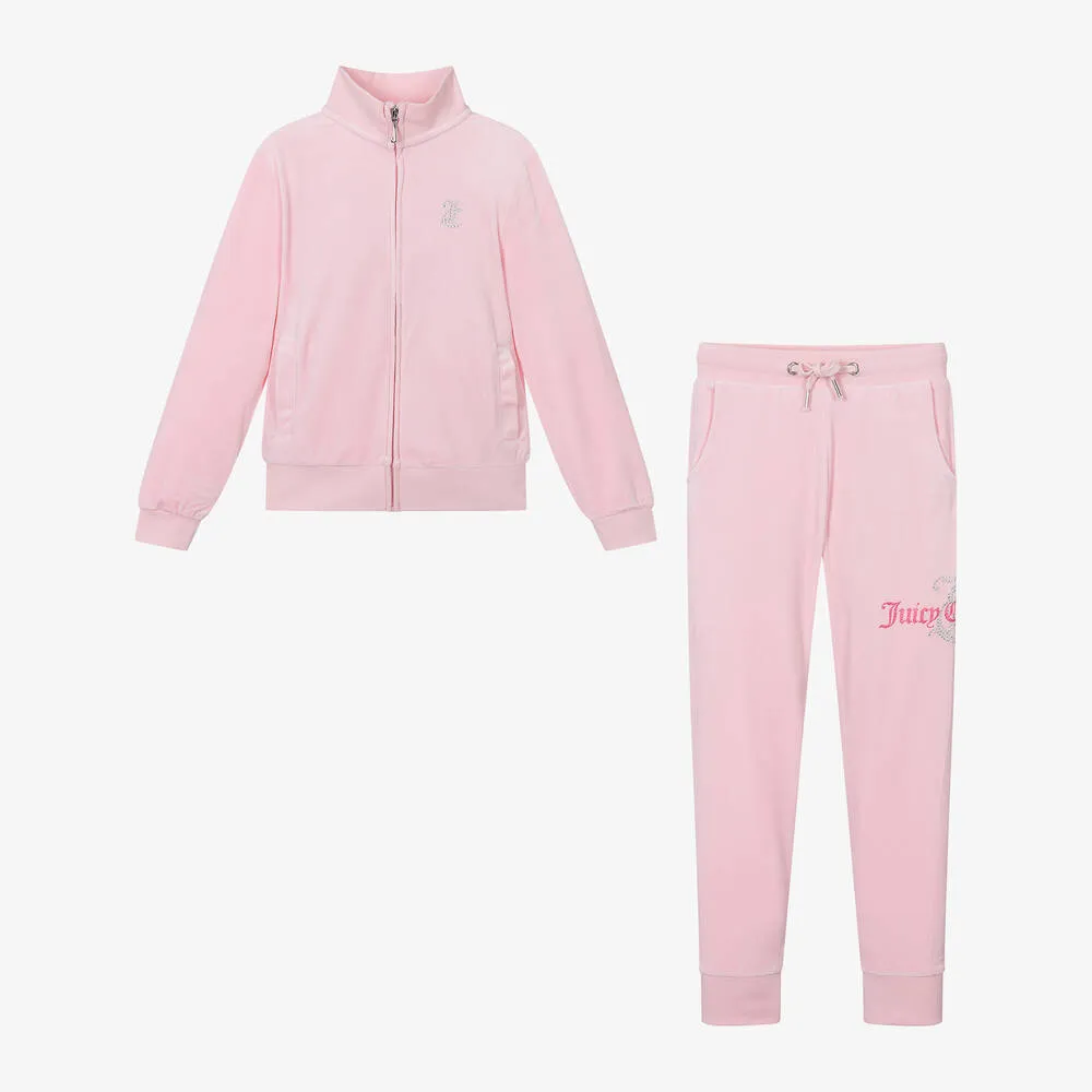 Girls Pink Velour Slim-Fit Tracksuit