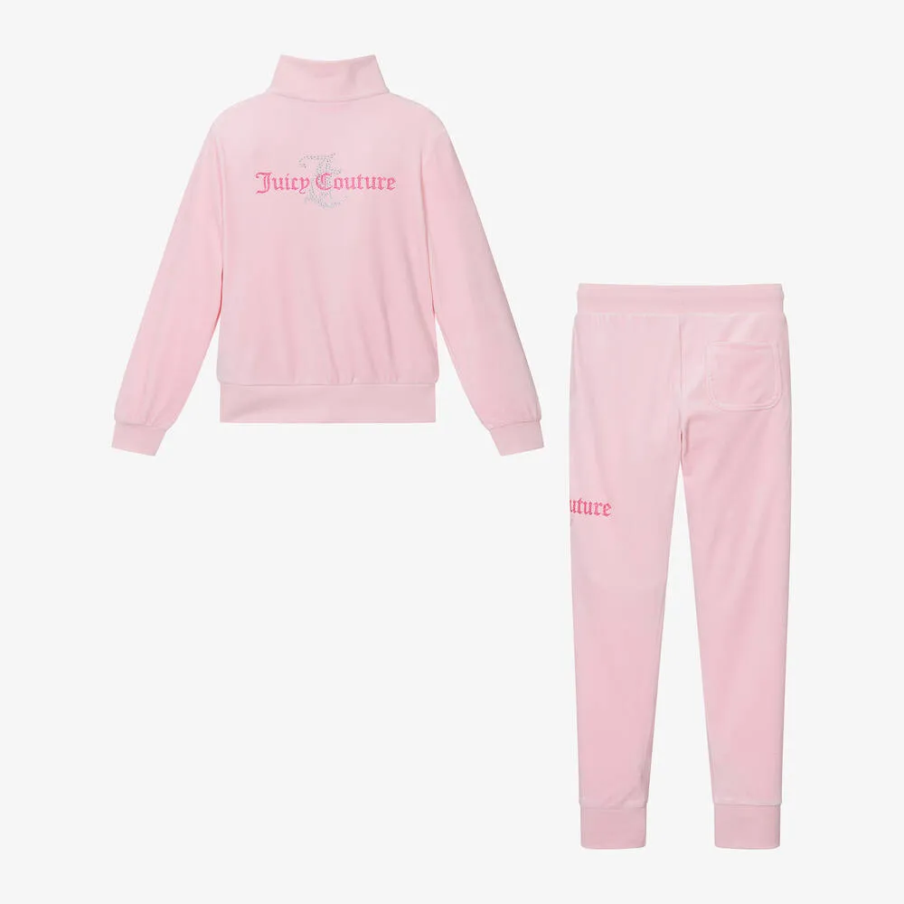 Girls Pink Velour Slim-Fit Tracksuit