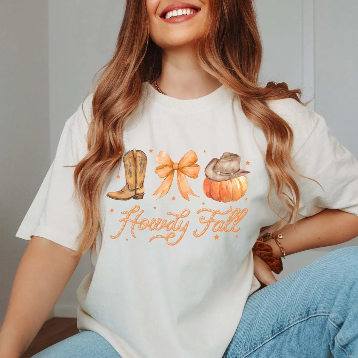 Howdy Fall Boot Bow Pumpkin Comfort Color Wholesale Tee - Fast Shipping