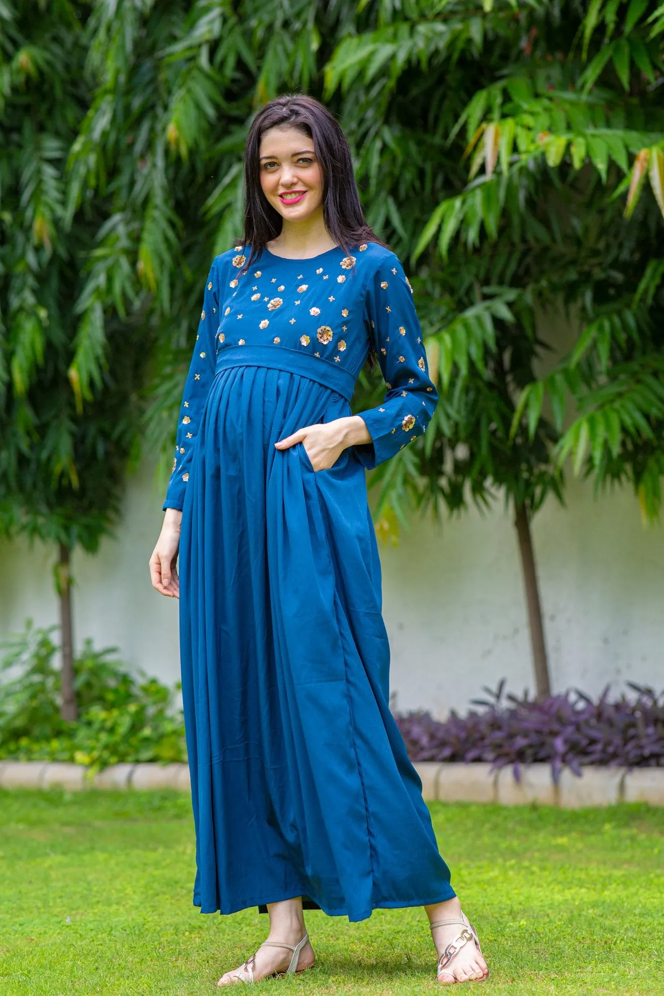 Luxe Azure Hand Embroidered Maternity Dress