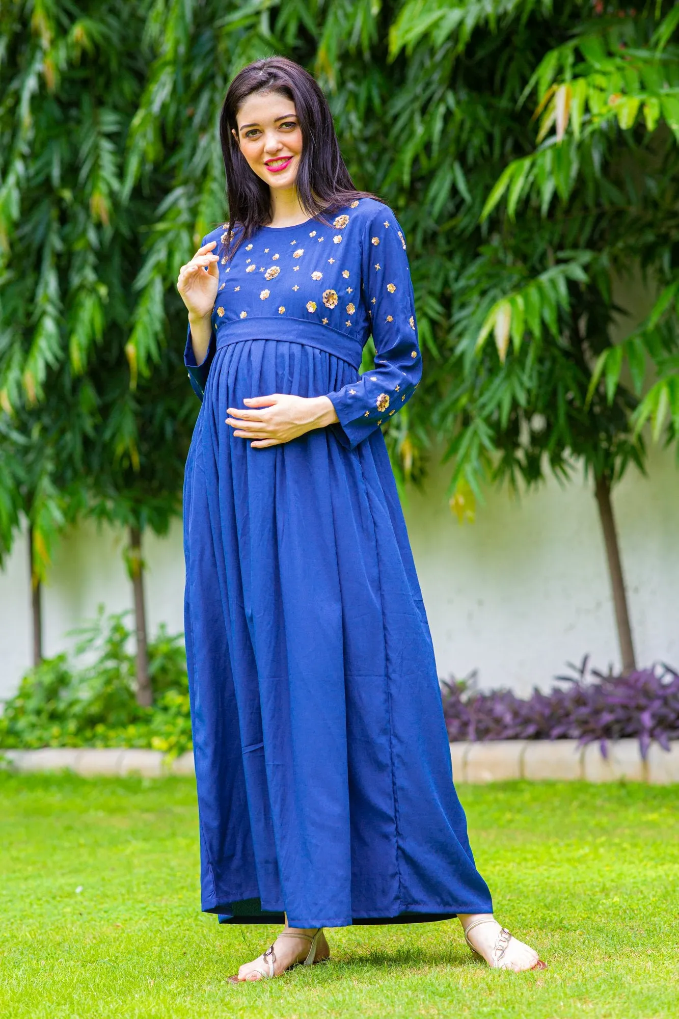 Luxe Azure Hand Embroidered Maternity Dress