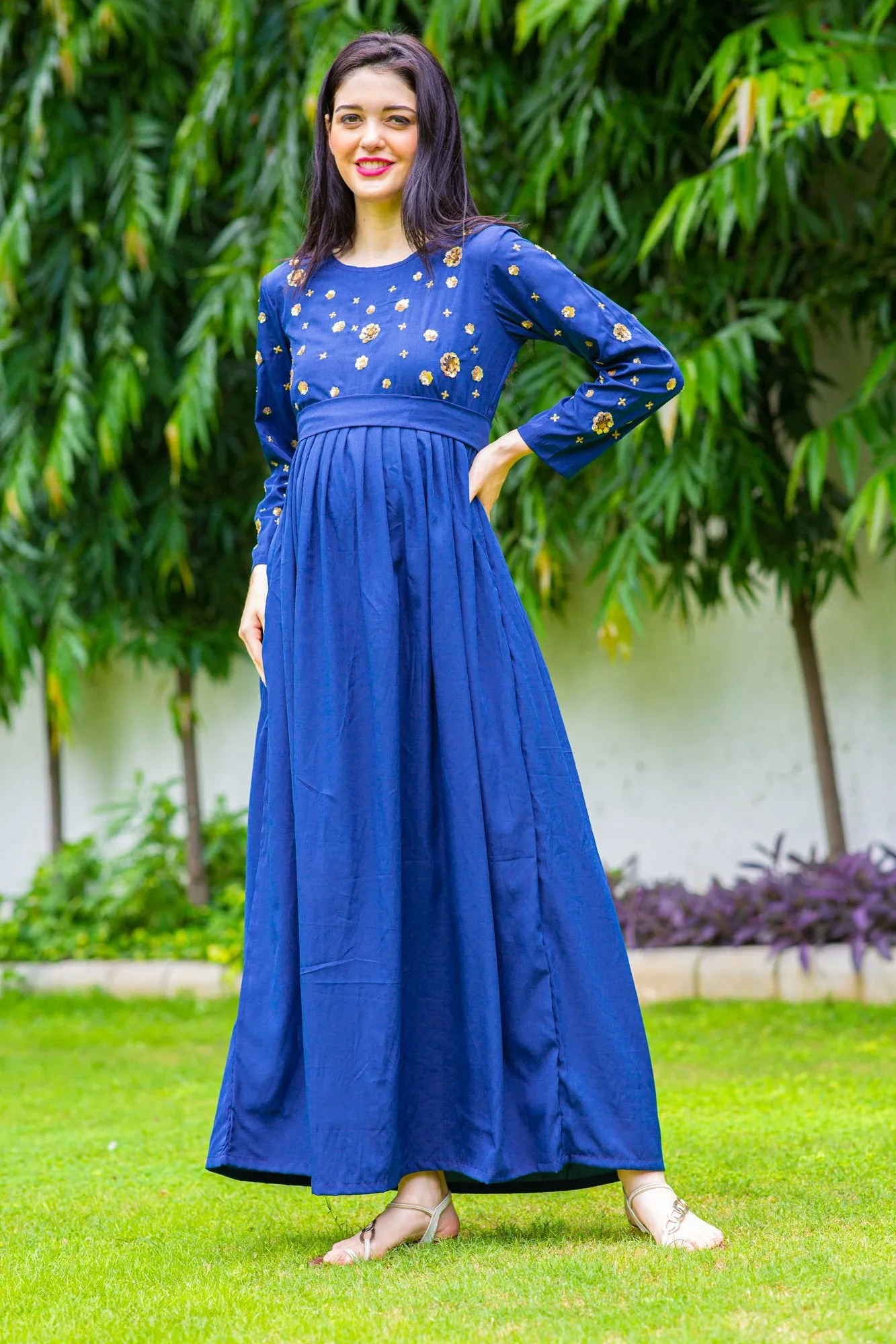 Luxe Azure Hand Embroidered Maternity Dress