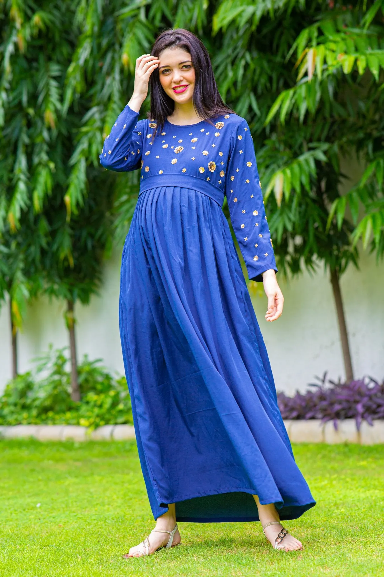 Luxe Azure Hand Embroidered Maternity Dress