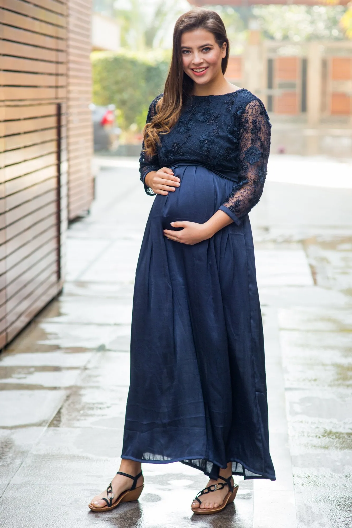 Luxe Elegant Blue Lace Embroidered Maternity Dress