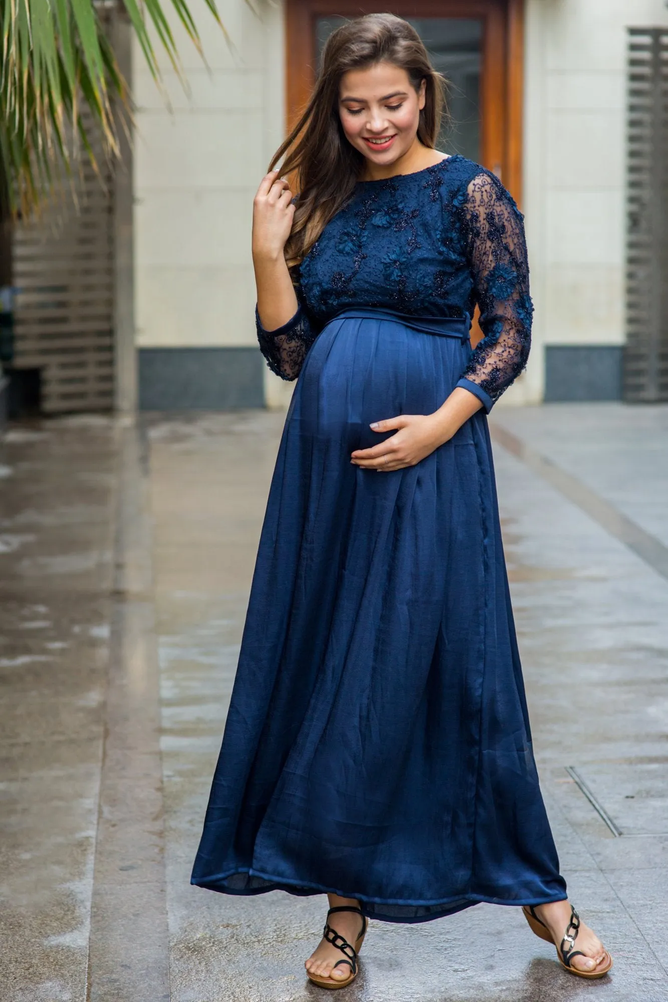 Luxe Elegant Blue Lace Embroidered Maternity Dress