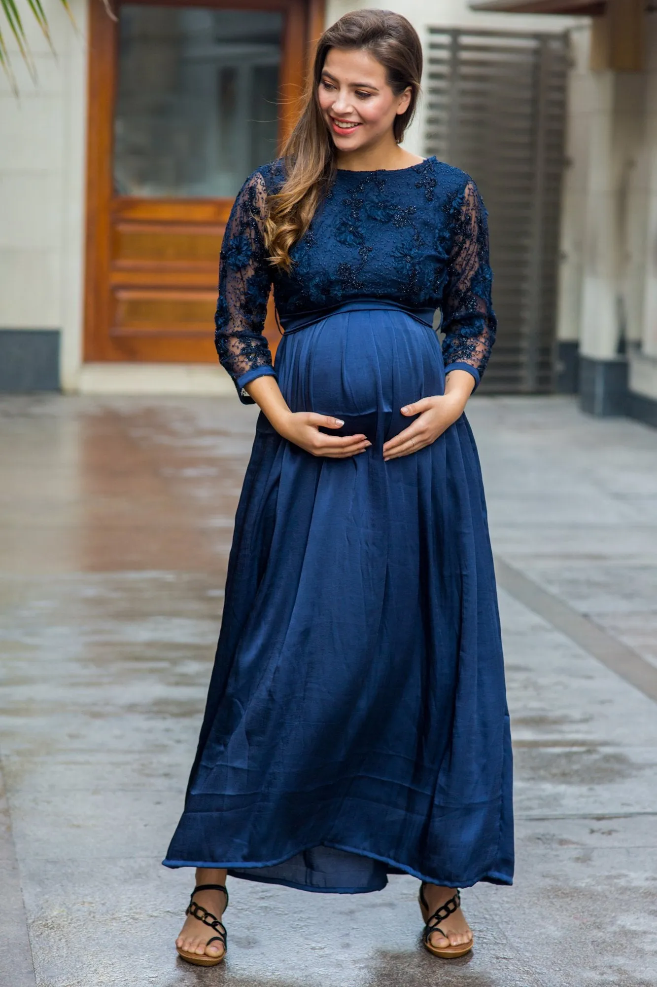 Luxe Elegant Blue Lace Embroidered Maternity Dress