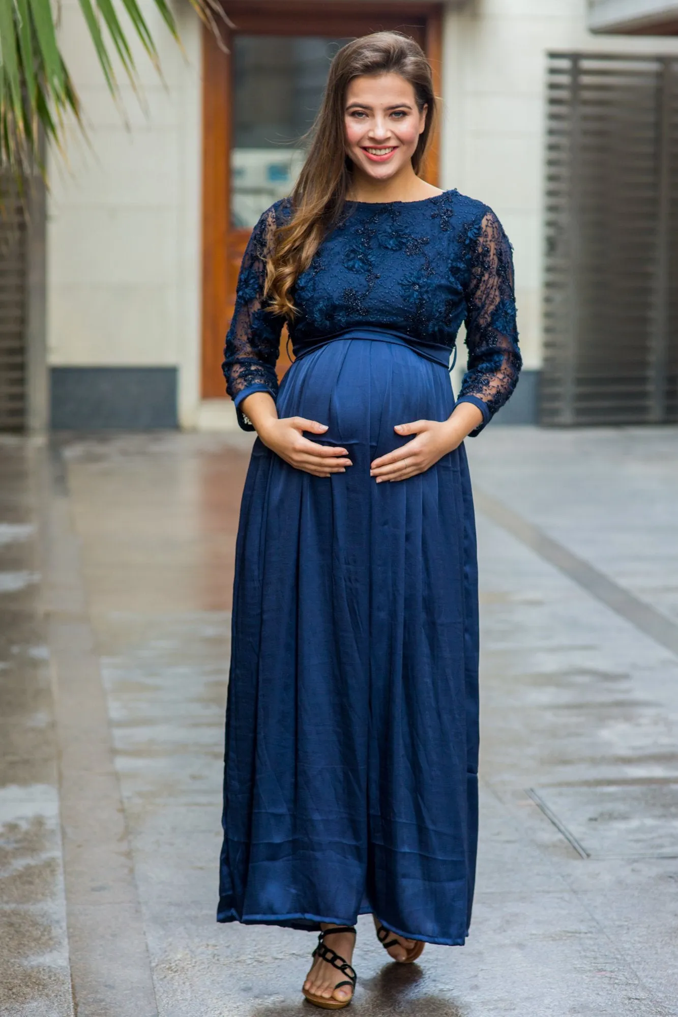 Luxe Elegant Blue Lace Embroidered Maternity Dress