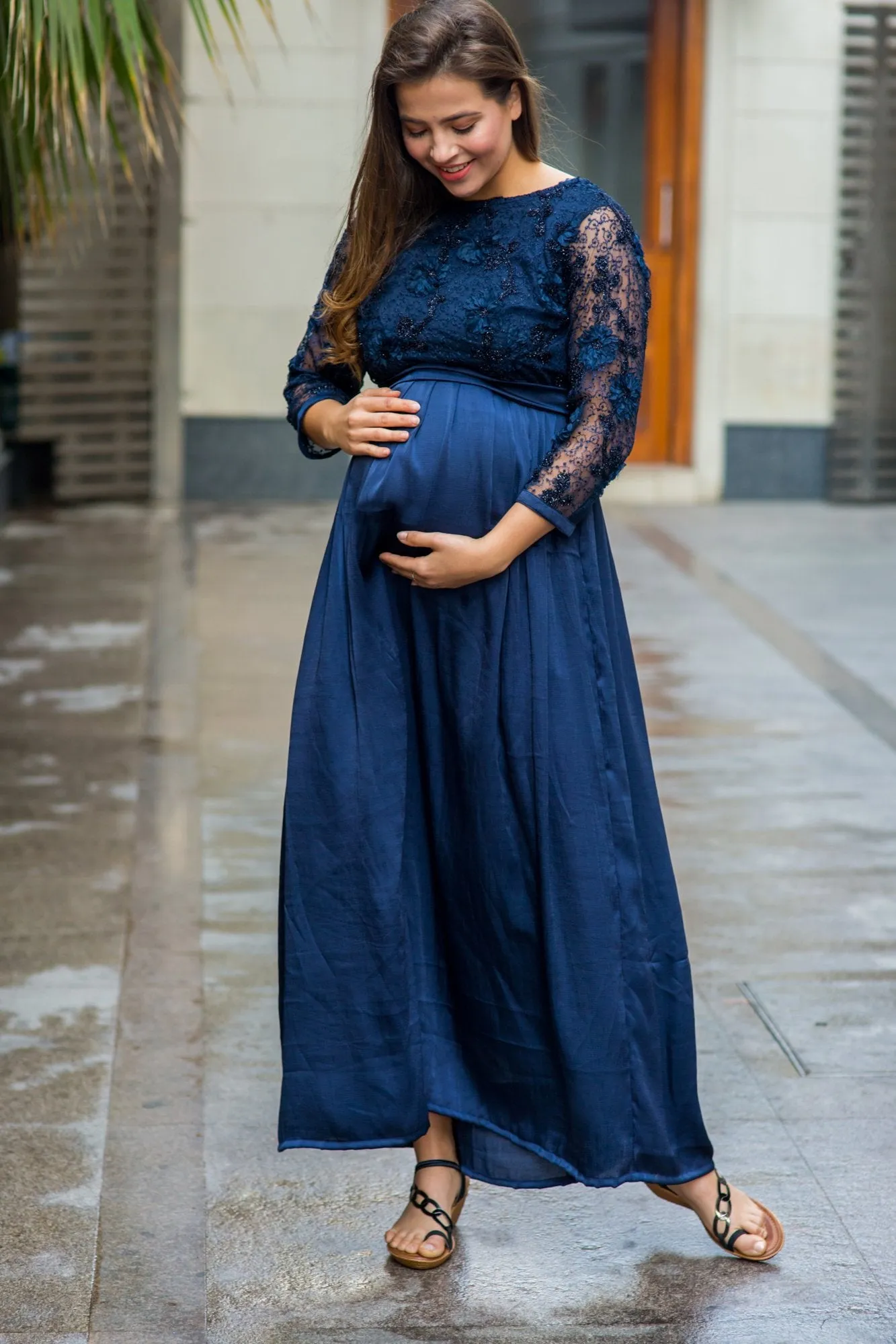 Luxe Elegant Blue Lace Embroidered Maternity Dress