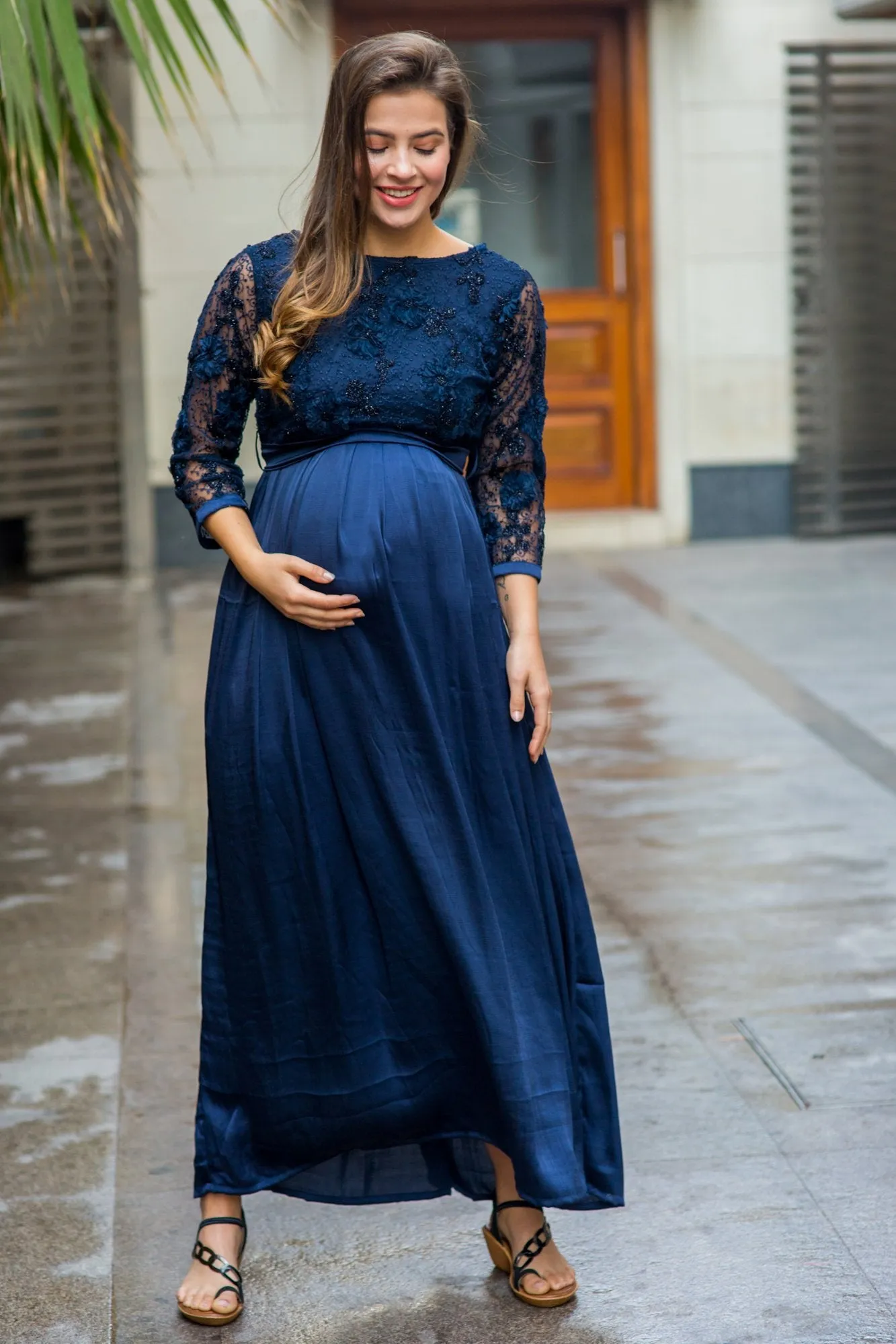 Luxe Elegant Blue Lace Embroidered Maternity Dress