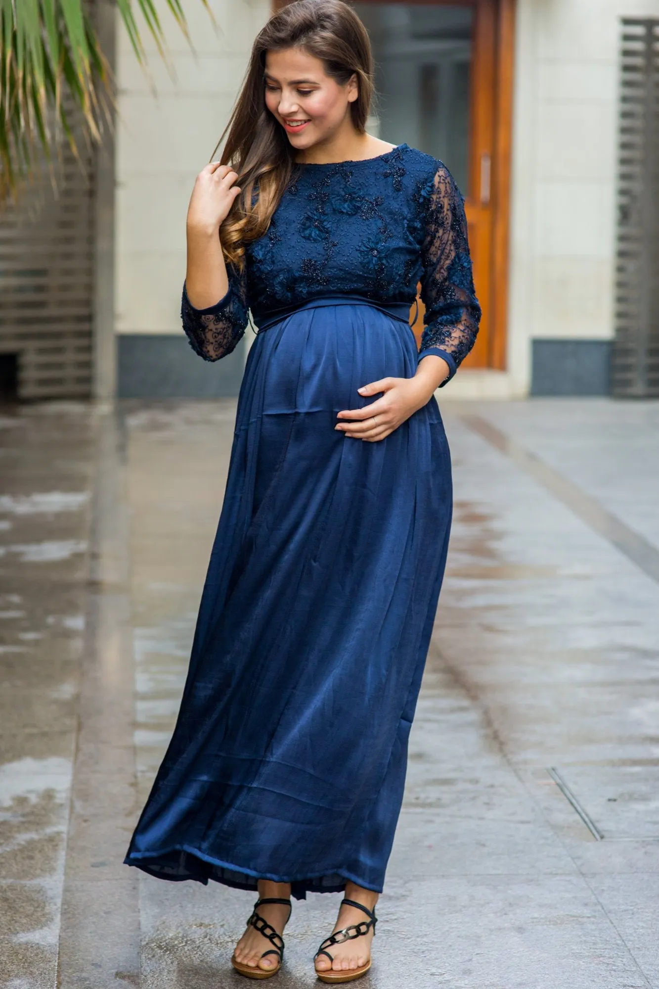 Luxe Elegant Blue Lace Embroidered Maternity Dress